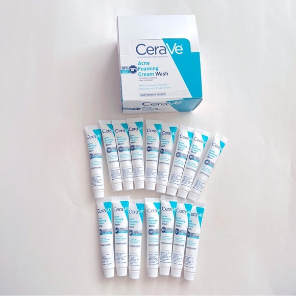 Cerave Acne Foaming Cream Wash 10% Benzoyl Peroxide Box of 15 Tubes 0.34 fl oz - Picture 1 of 6